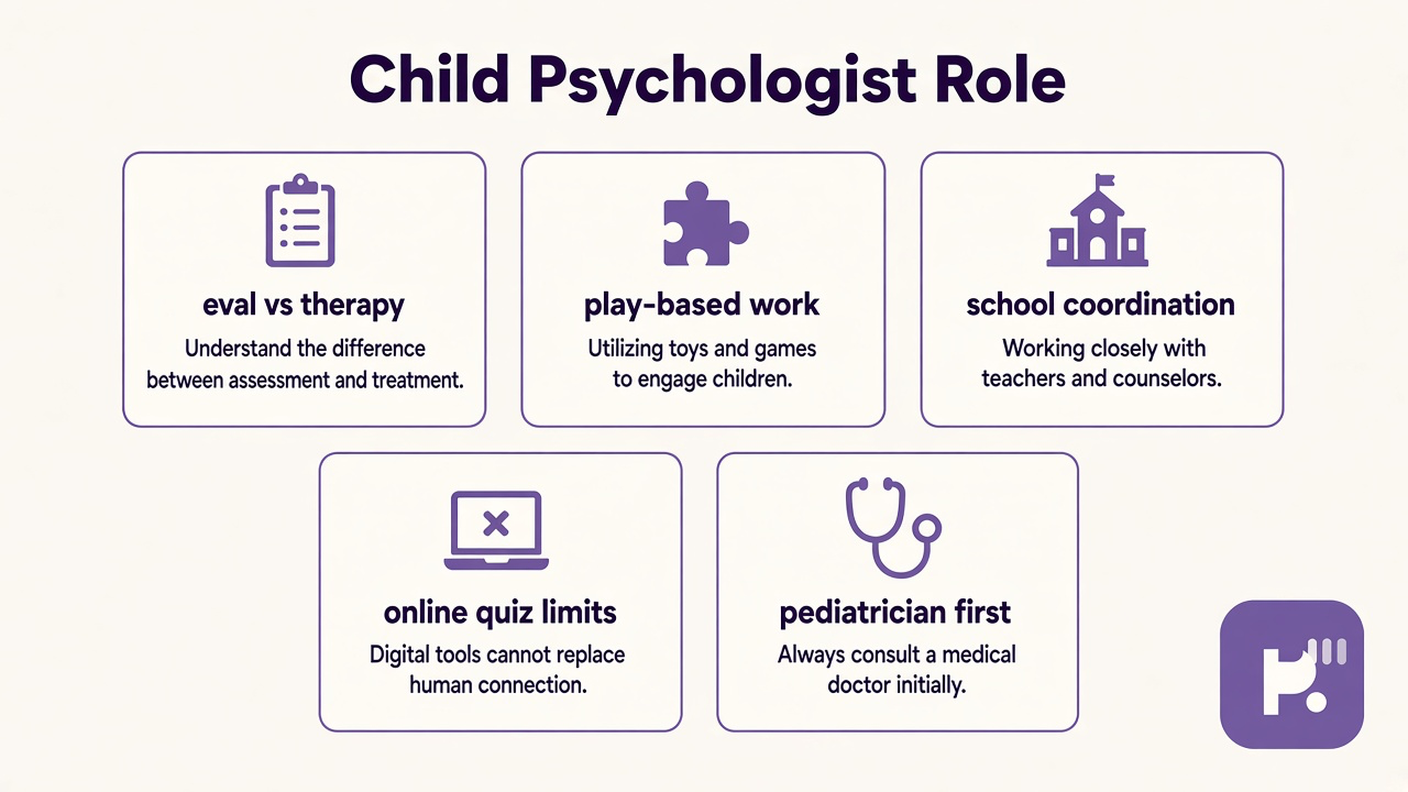Tips: evaluation vs therapy, play-based work, school coordination, quiz limits, pediatrician first