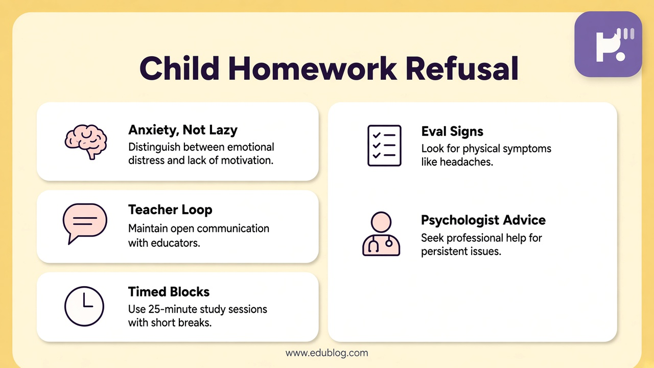 Tips: anxiety vs avoidance, teacher loop, timed work blocks, eval signs, drop lazy labels
