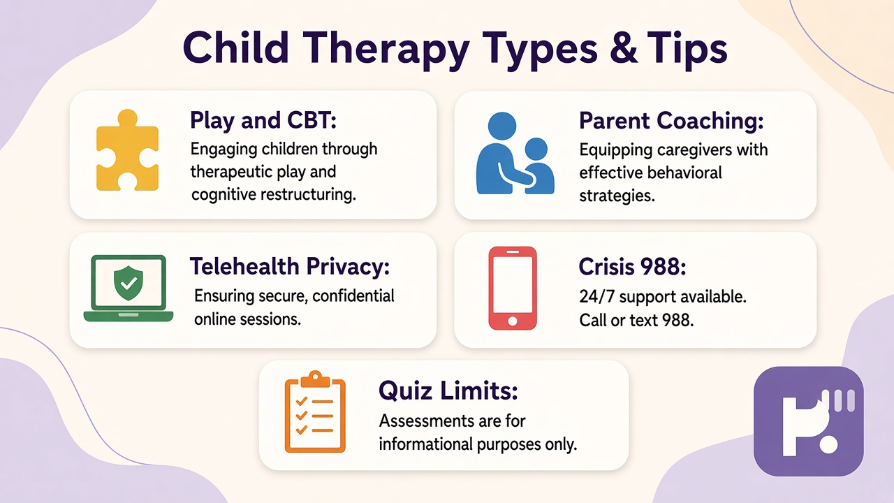 Tips: play and CBT, parent coaching, telehealth privacy, crisis lines, screener limits