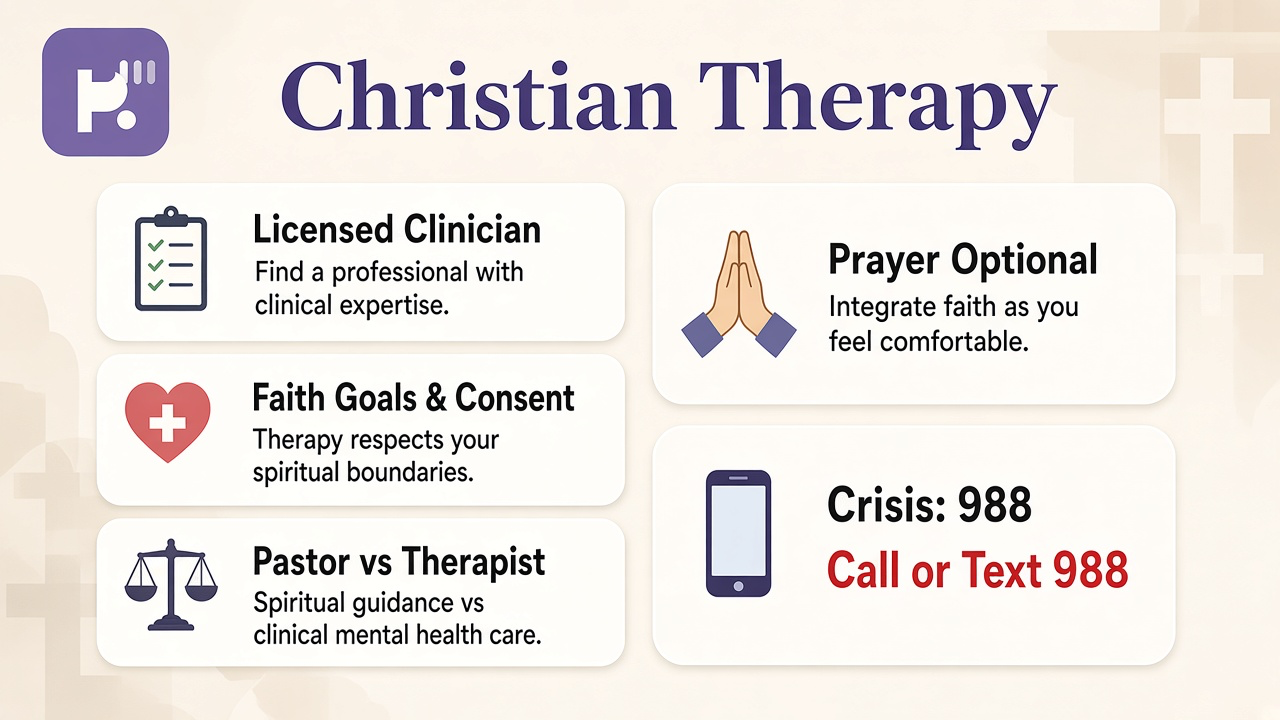 Tips: licensed plus faith goals, consent on prayer, pastor vs therapist, 988 crisis