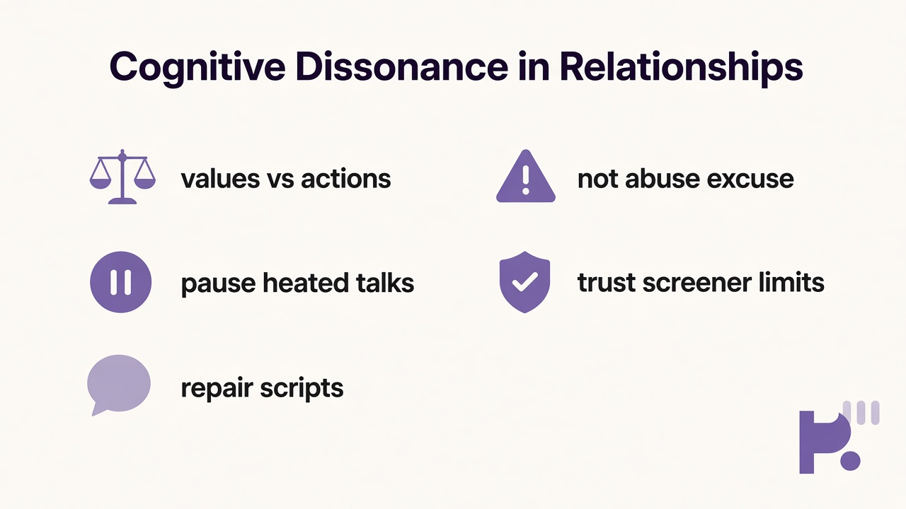 Tips: values vs habits, pause scripts, repair talks, not excuse abuse, trust screener