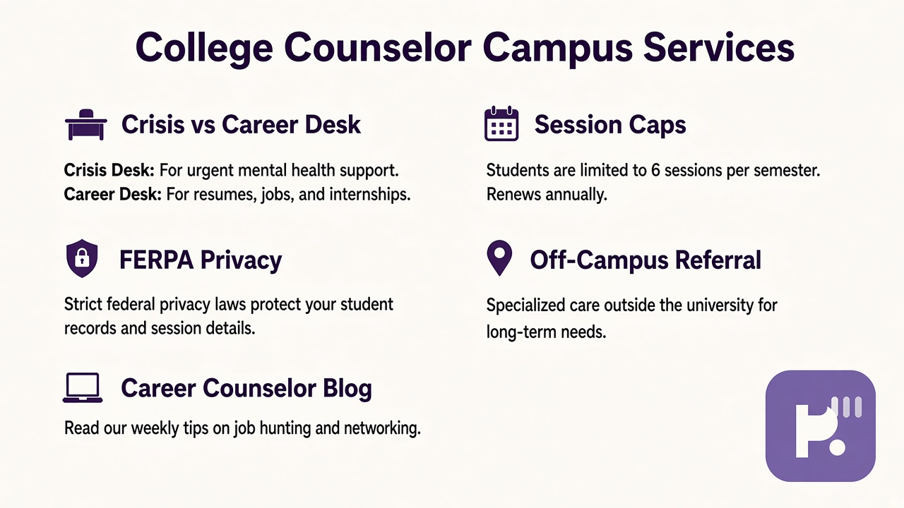 Tips: crisis vs career desk, session limits, FERPA privacy, off-campus referral, career blog
