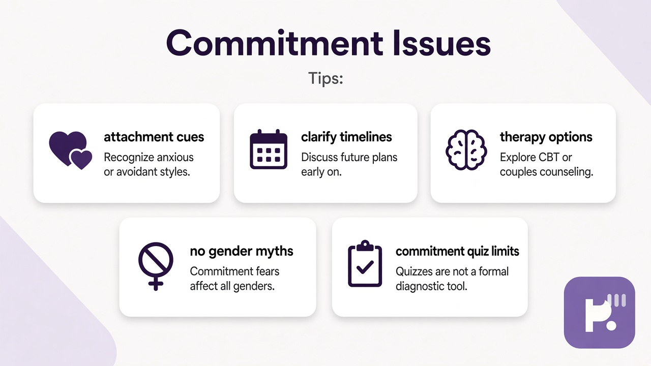 Tips: attachment cues, clarify timelines, therapy paths, not gender myths, commitment quiz
