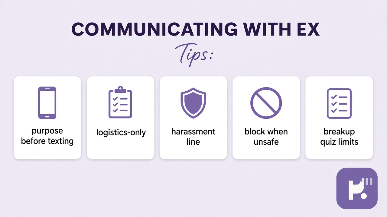 Tips: purpose before texting, logistics-only scripts, harassment lines, block when unsafe