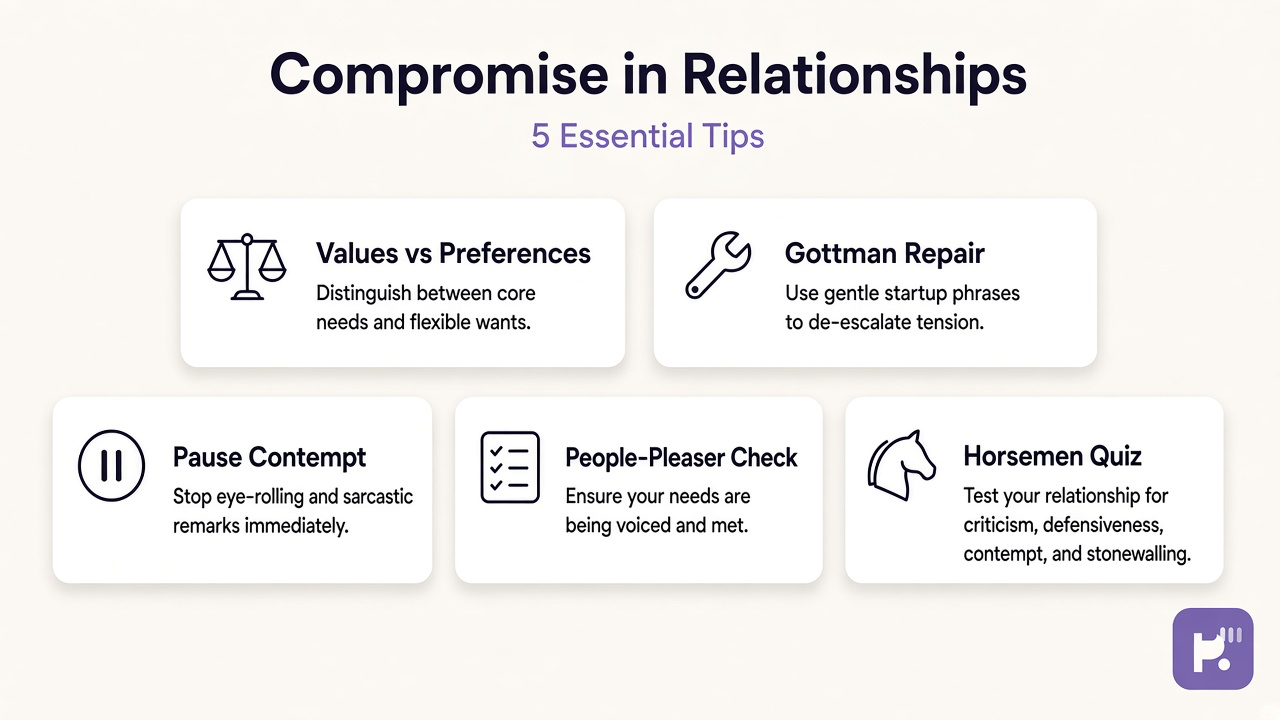 Tips: values vs preferences, repair habits, pause contempt, people-pleaser check, horsemen quiz