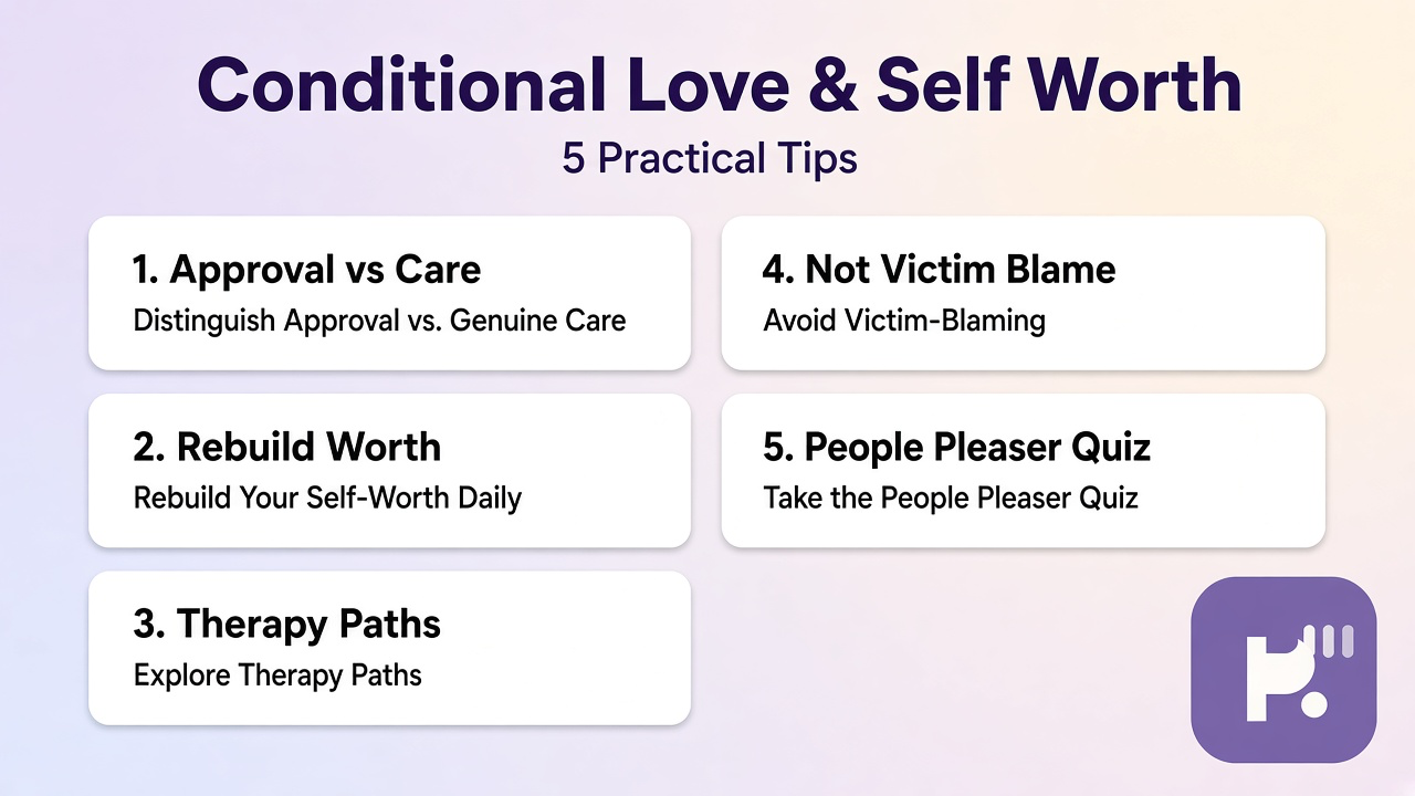 Tips: approval vs care, self-worth habits, therapy, not victim blame, people-pleaser quiz