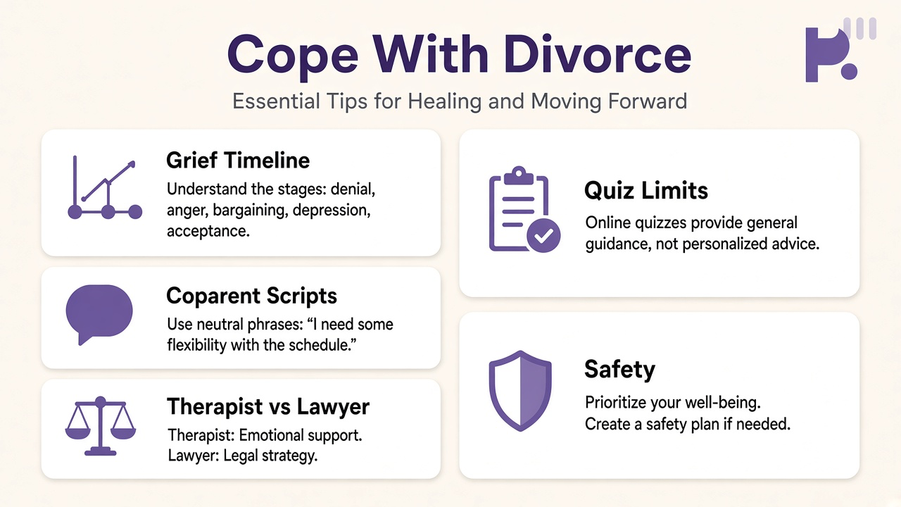 Tips: grief timeline, coparent scripts, lawyer vs therapist, divorce quiz limits, safety