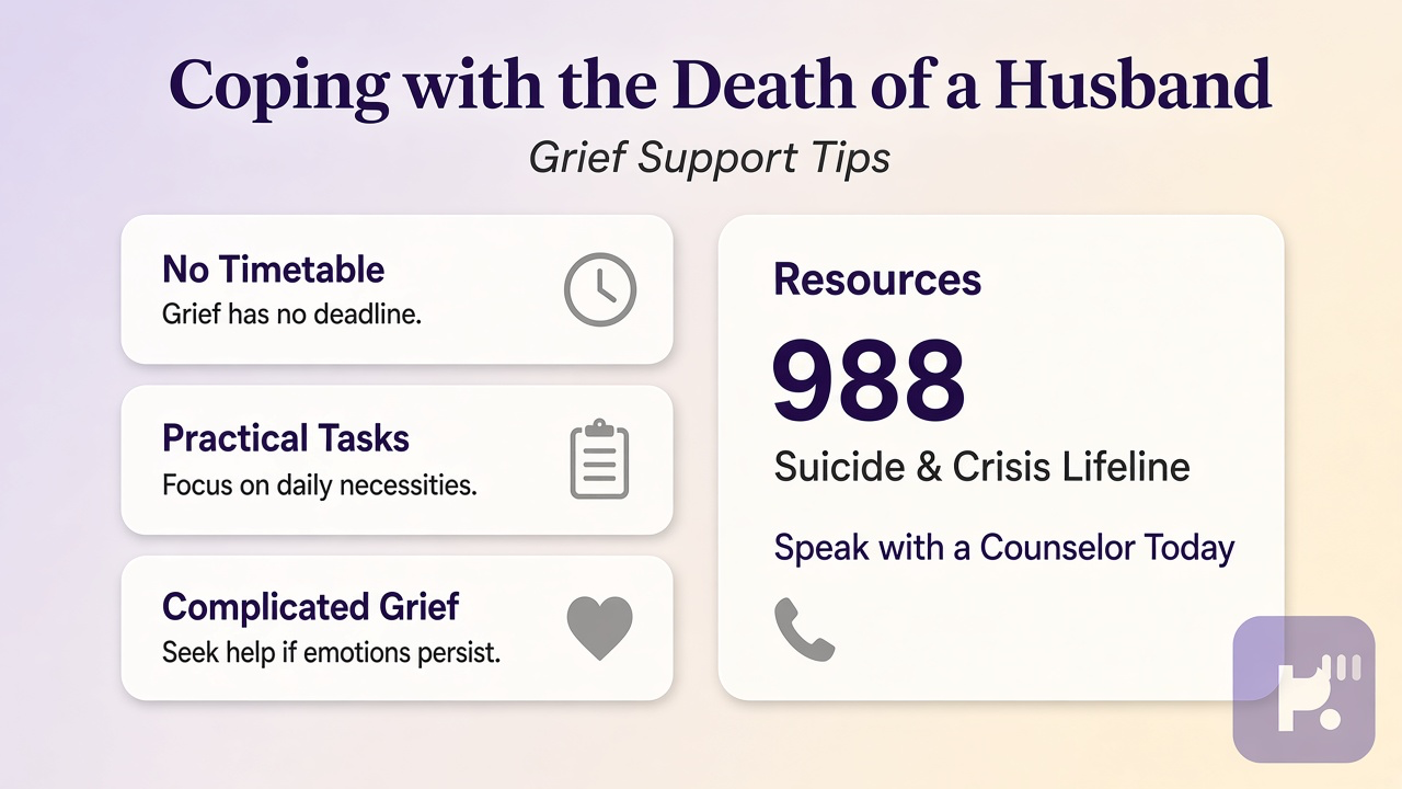 Tips: shock and tasks, no grief timetable, complicated grief signs, 988, counselor