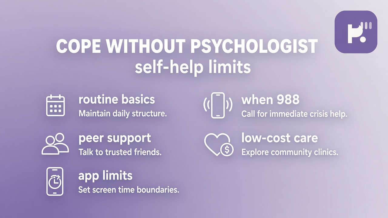 Tips: sleep and routine, peer support, app limits, when to call 988, find low-cost care