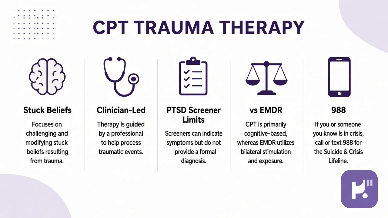 Tips: CPT worksheets, stuck beliefs, clinician-led, PTSD screener limits, crisis 988