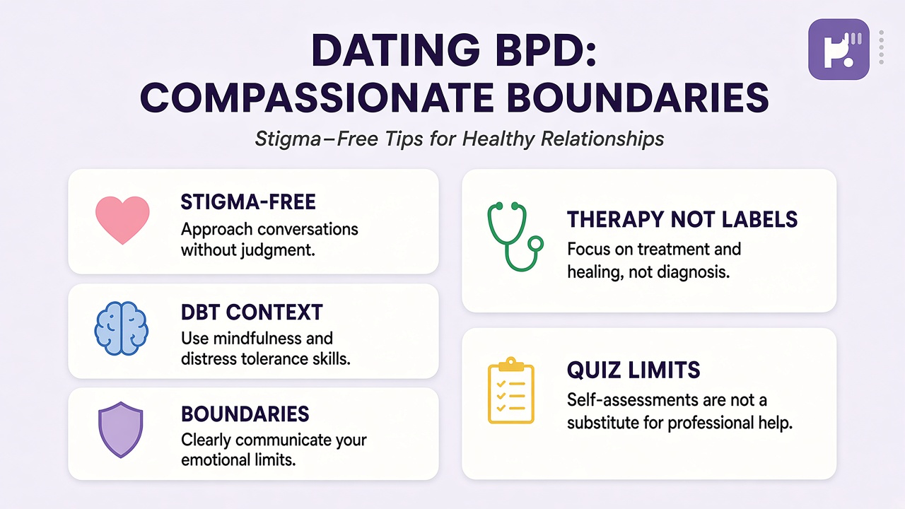 Tips: stigma-free language, DBT context, boundaries, therapy not labels, quiz limits