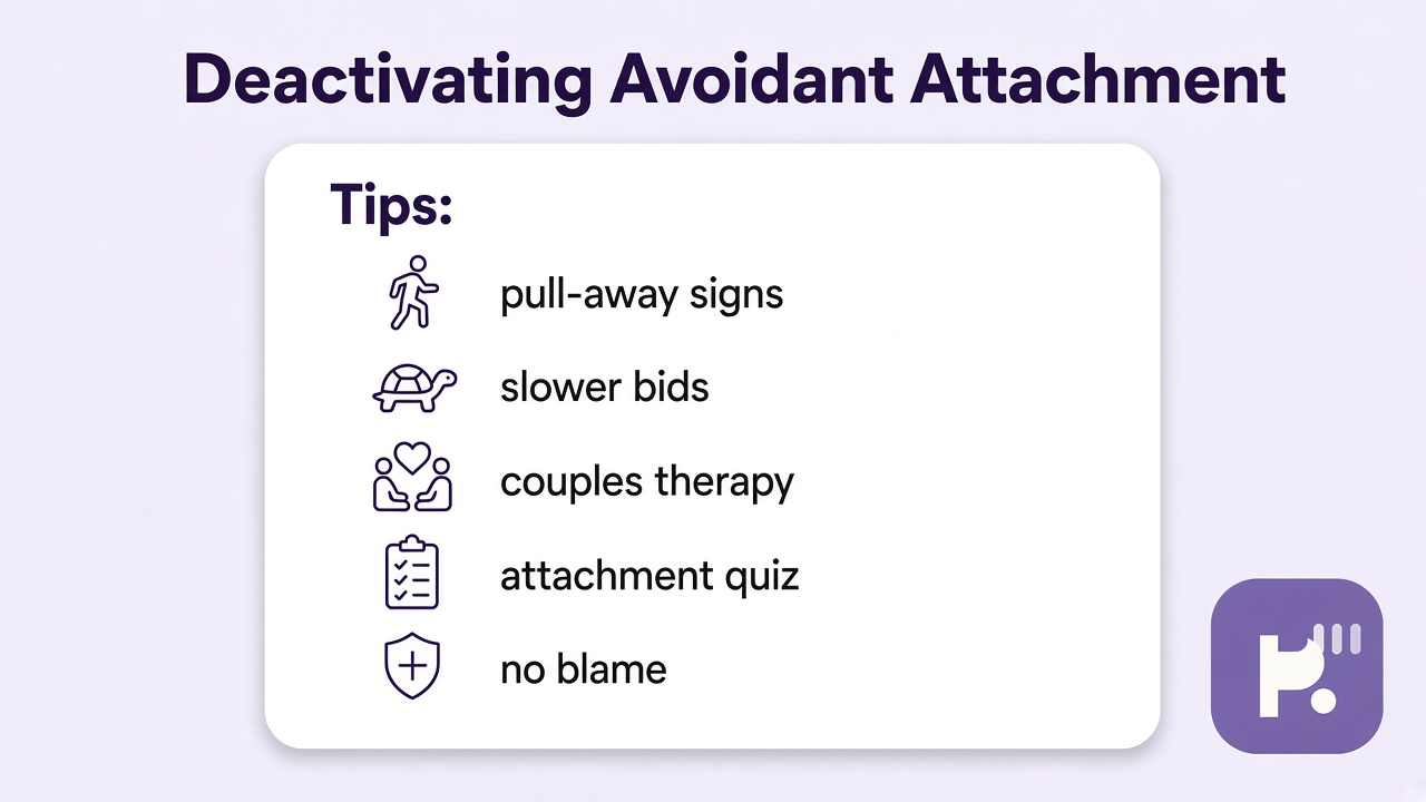 Tips: deactivation signs, slower bids, couples therapy, attachment quiz, not blame