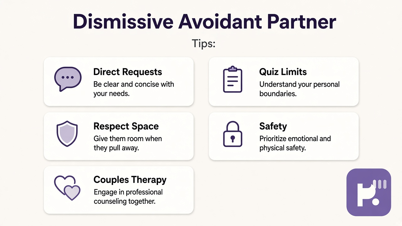 Tips: direct requests, respect space, couples therapy, avoidant quiz limits, safety