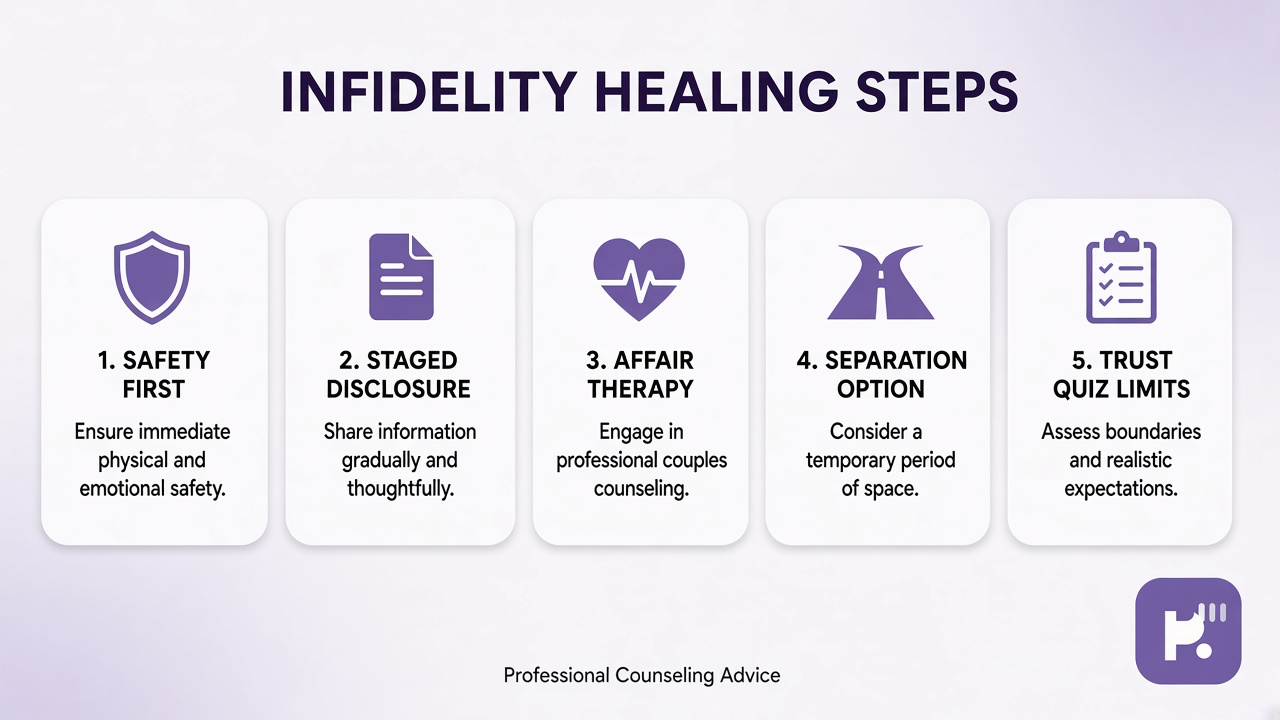 Tips: safety first, disclosure stages, affair therapy, separation option, trust quiz limits