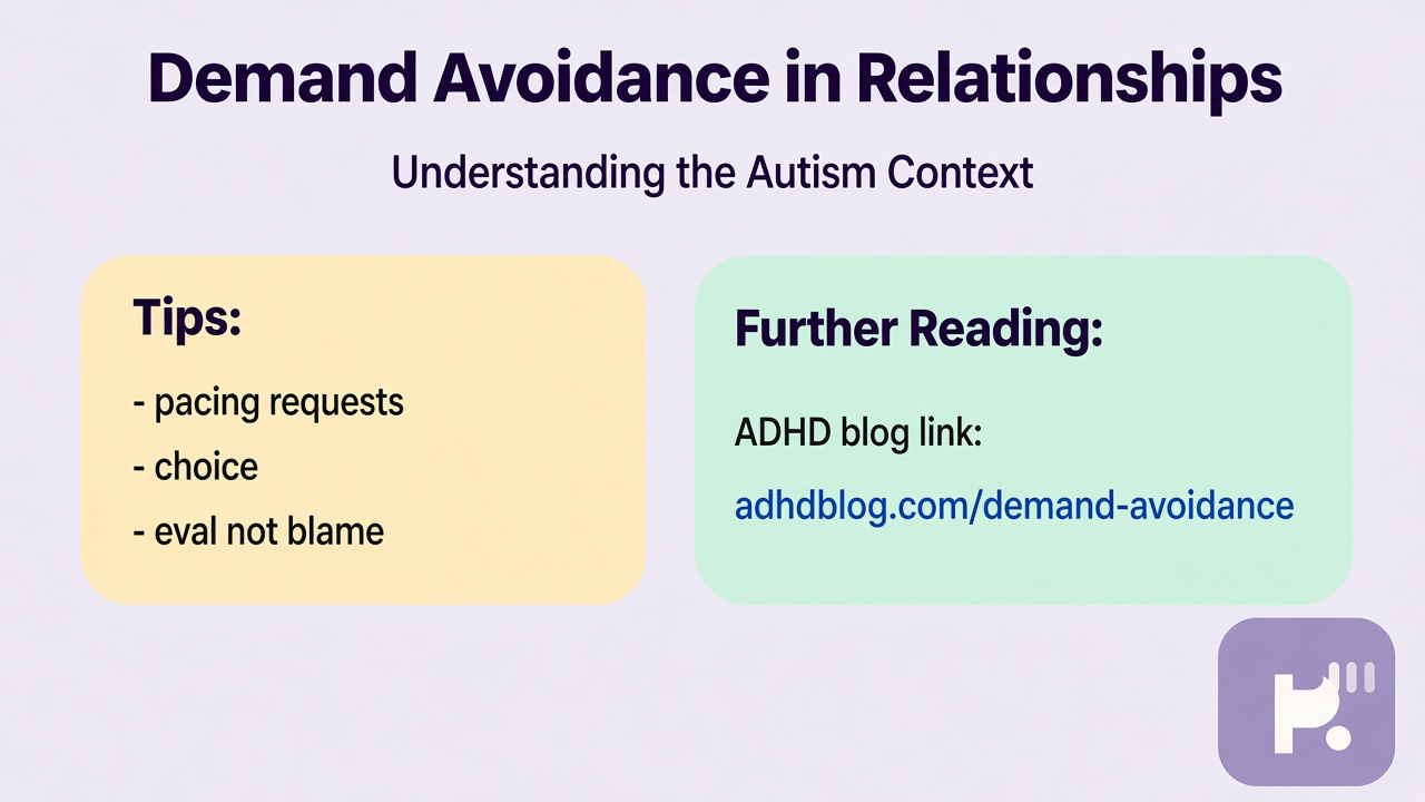 Tips: choice and pacing, not laziness myths, autism context, eval not blame, ADHD blog