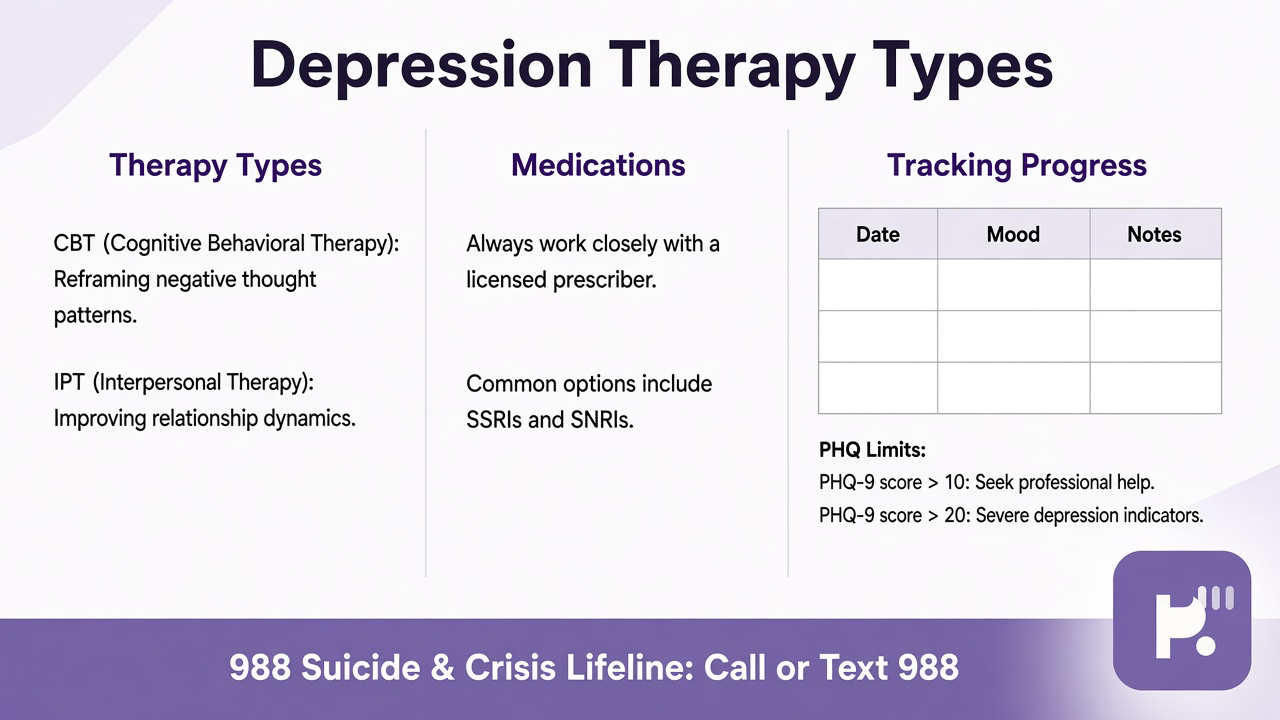 Tips: CBT and IPT, meds with prescriber, fit table, PHQ screener limits, 988