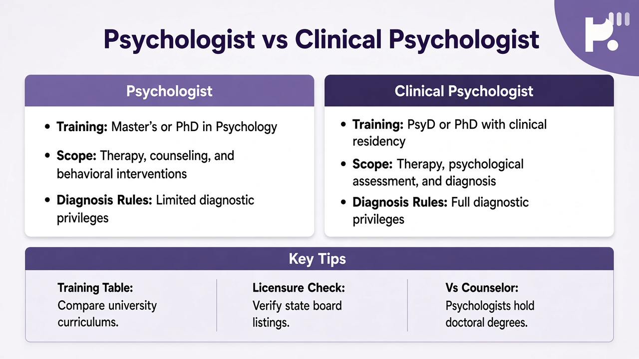 Tips: doctorate vs masters, licensure check, scope table, vs counselor, diagnosis rules