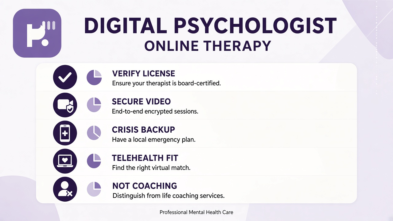 Tips: verify license, secure video, crisis backup, telehealth fit, not coaching cosplay