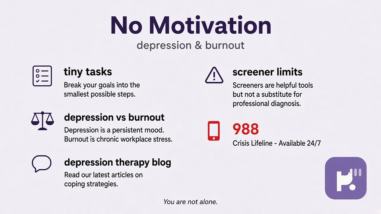 Tips: depression vs burnout, tiny tasks, depression therapy blog, screener limits, 988