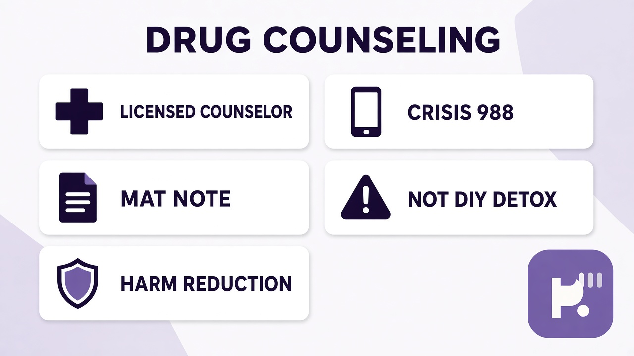 Tips: licensed counselor, MAT note, harm reduction, crisis 988, not DIY detox