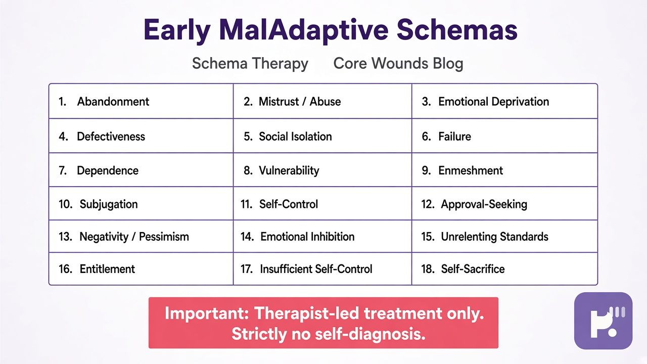 Tips: 18 schemas table, schema therapy, therapist-led, core wounds blog, no self dx
