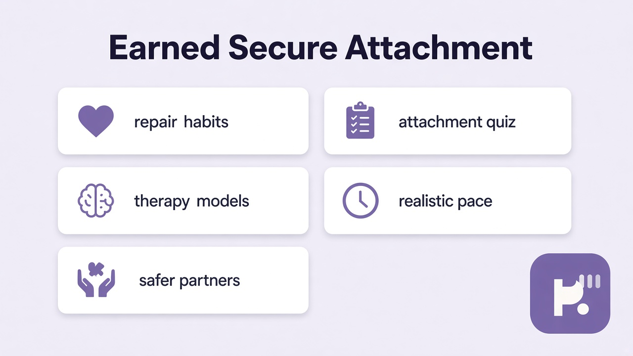 Tips: repair habits, therapy models, safer partners, attachment quiz, realistic pace
