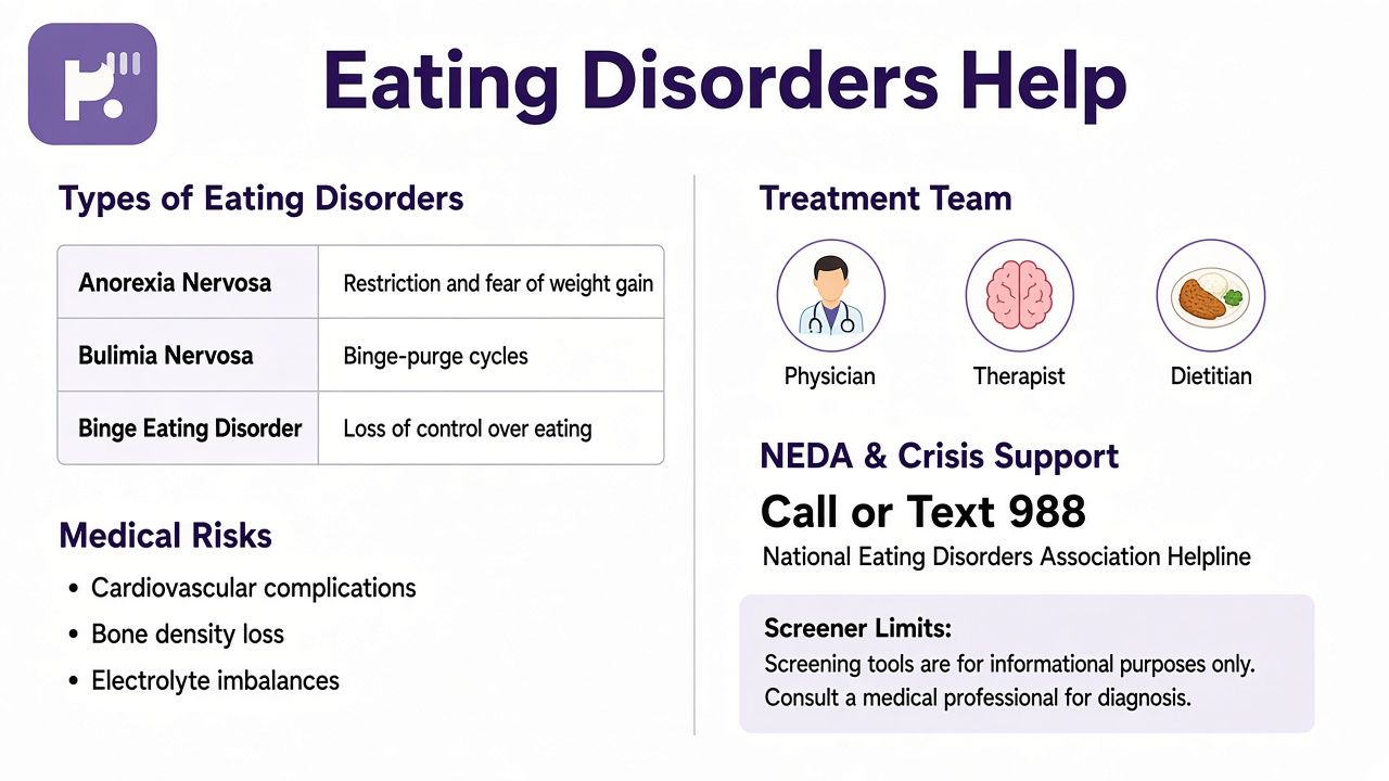 Tips: types table, medical risk, treatment team, NEDA context, screener limits