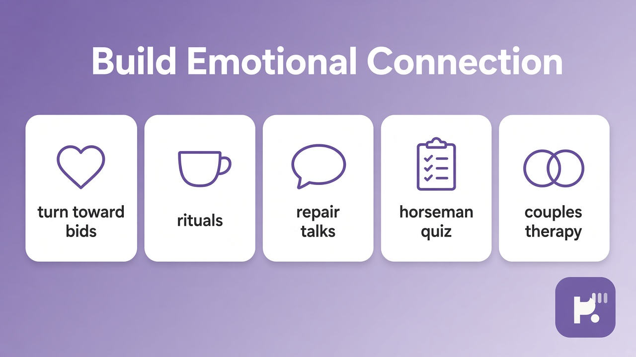 Tips: turn toward bids, rituals, repair talks, horsemen quiz, couples therapy