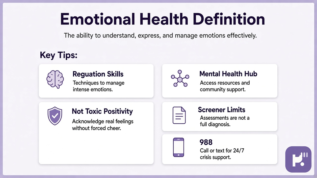 Tips: regulation skills, not toxic positivity, mental health hub, screener limits, 988