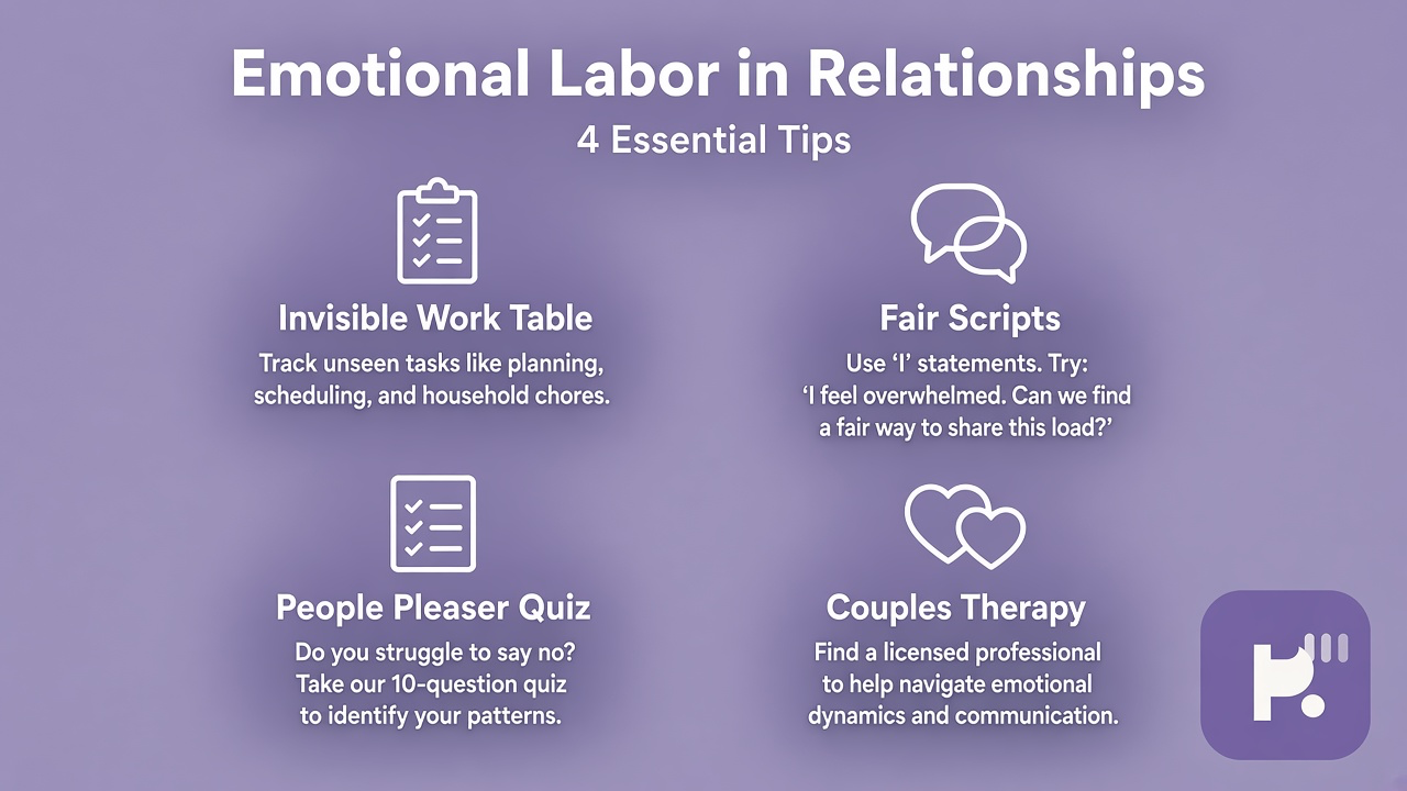 Tips: invisible work table, fair scripts, people pleaser quiz, couples therapy