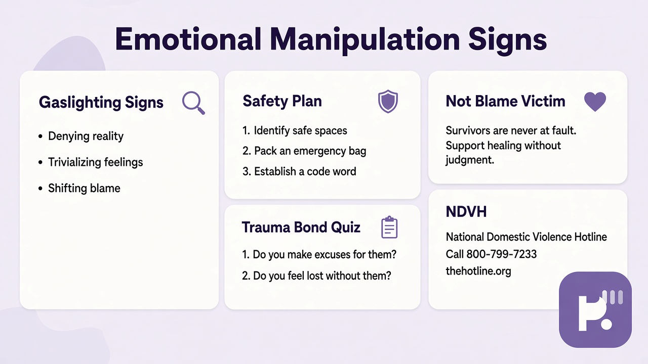 Tips: gaslighting signs, safety plan, trauma bond quiz, NDVH, not blame victim