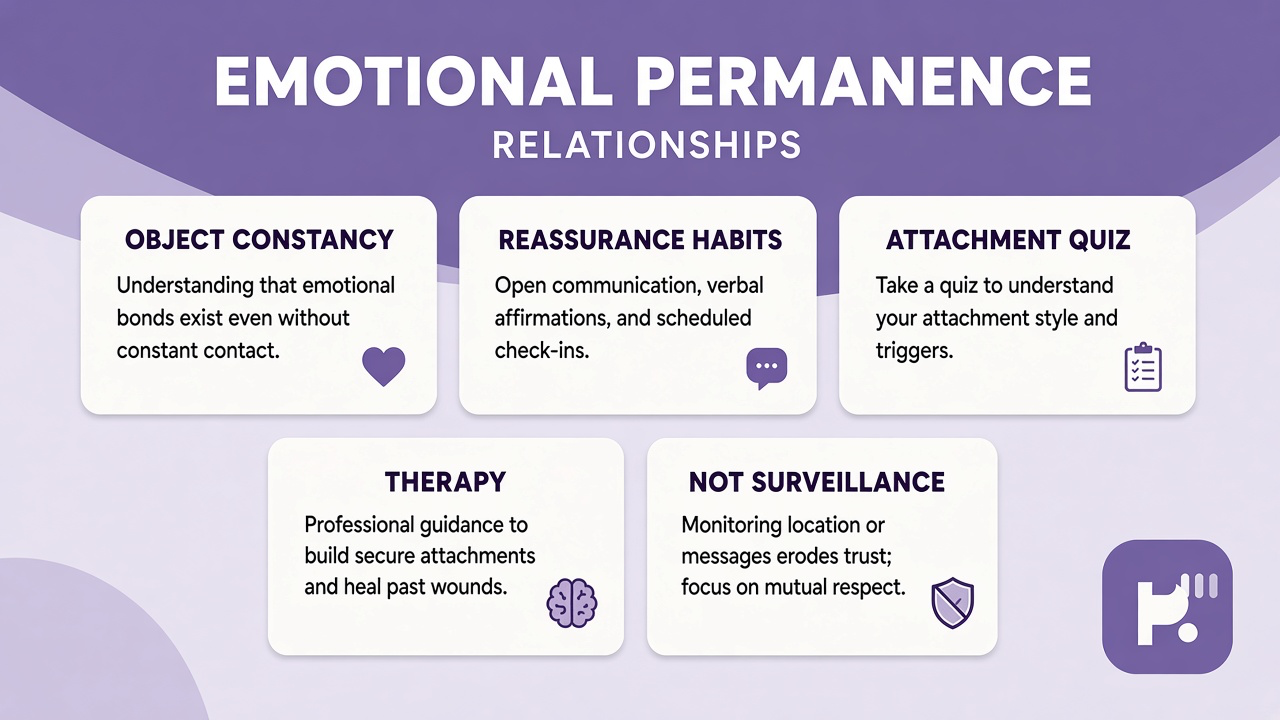 Tips: object constancy, reassurance habits, attachment quiz, therapy, not surveillance