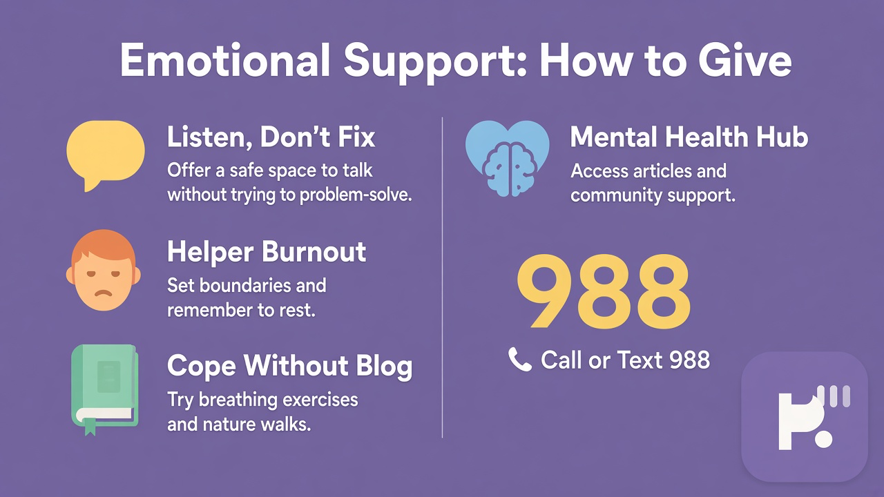 Tips: listen not fix, helper burnout, cope-without blog, mental health hub, 988