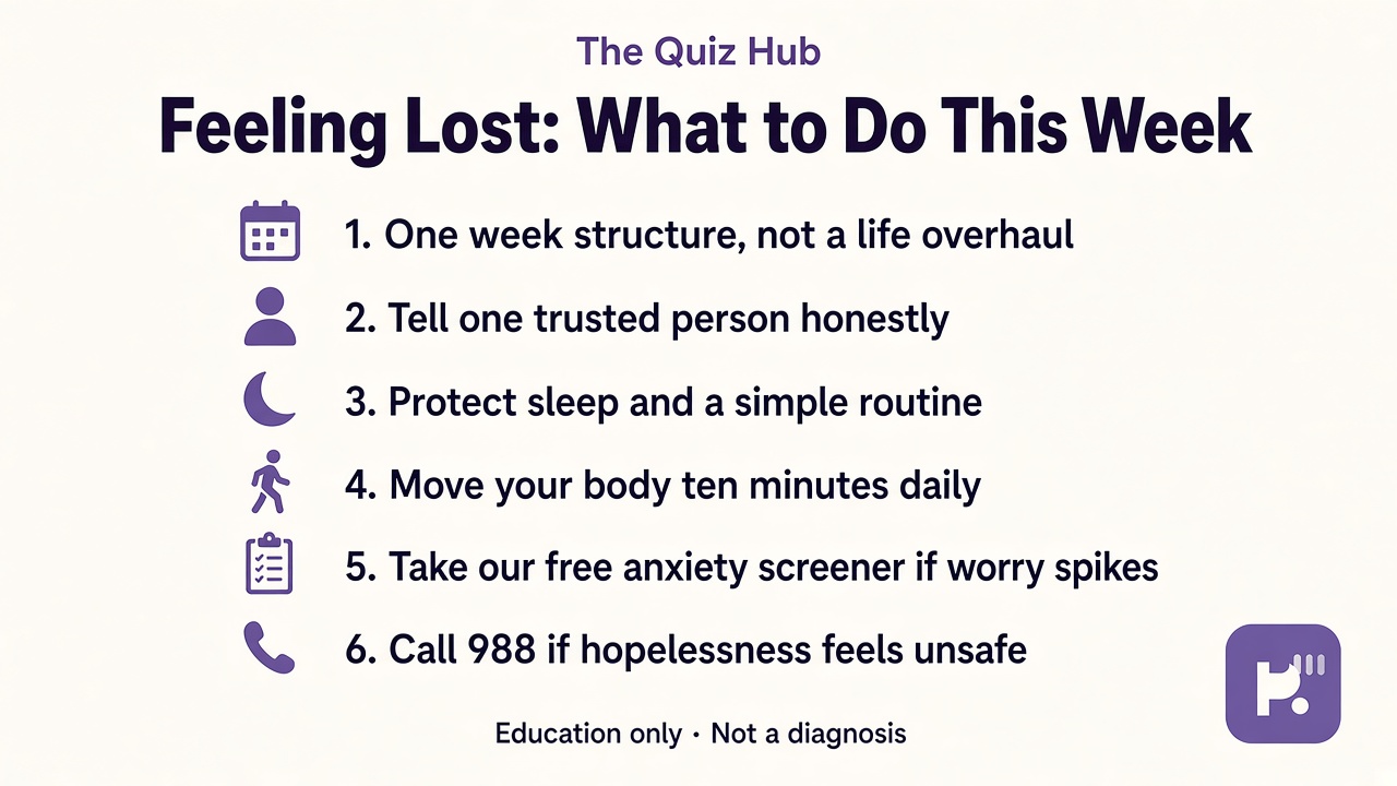 Six tips when feeling lost: week structure, tell someone, sleep routine, movement, anxiety screener, 988 if unsafe