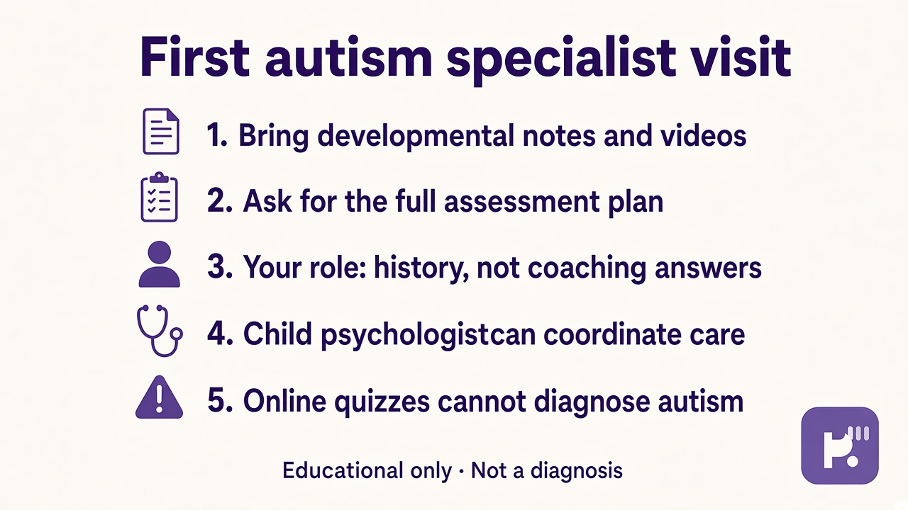 Five first-visit tips: bring notes, ask assessment plan, parent history role, coordinate care, quizzes not diagnosis
