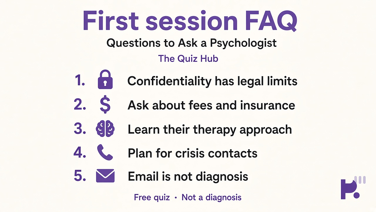 Tips: confidentiality FAQ, fees and insurance, therapy approach, crisis plan, not email dx
