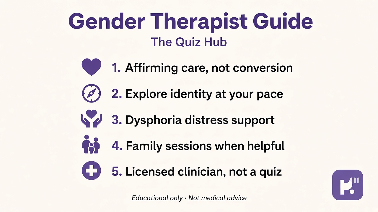 Five tips: affirming not conversion, explore at your pace, dysphoria support, family help, licensed clinician not a quiz