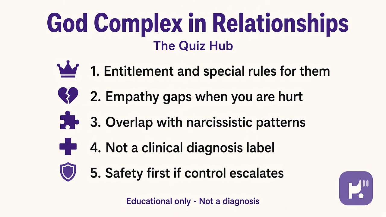 God complex tips: entitlement signs, empathy gaps, narcissistic overlap, not a diagnosis, safety if control escalates