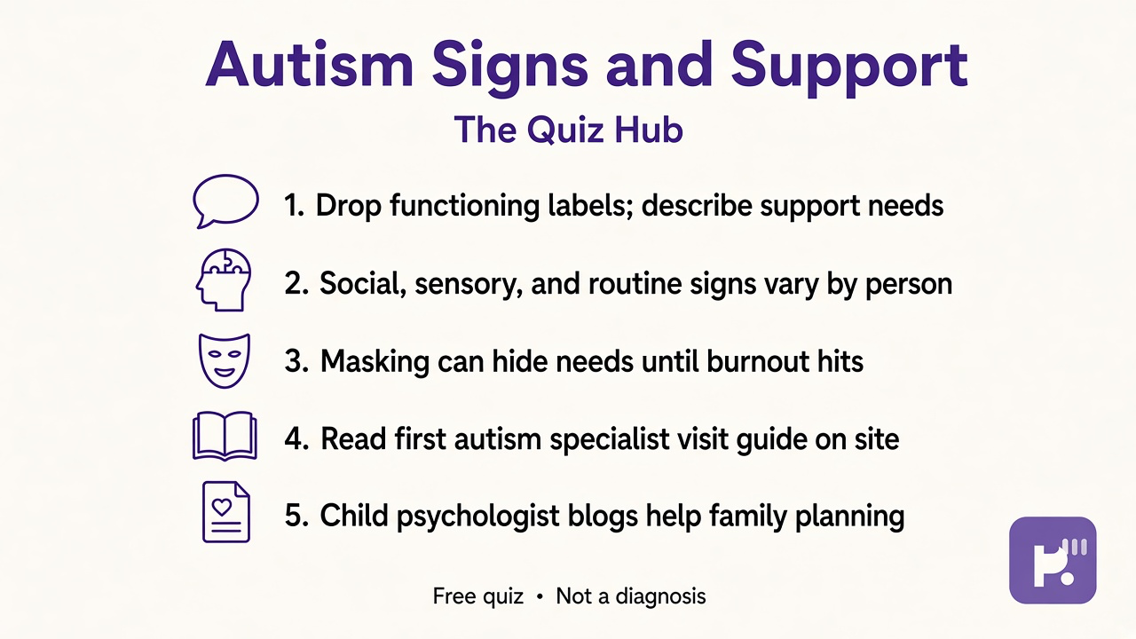 Tips: drop functioning labels, sensory and social signs, first autism visit blog, specialist not quiz