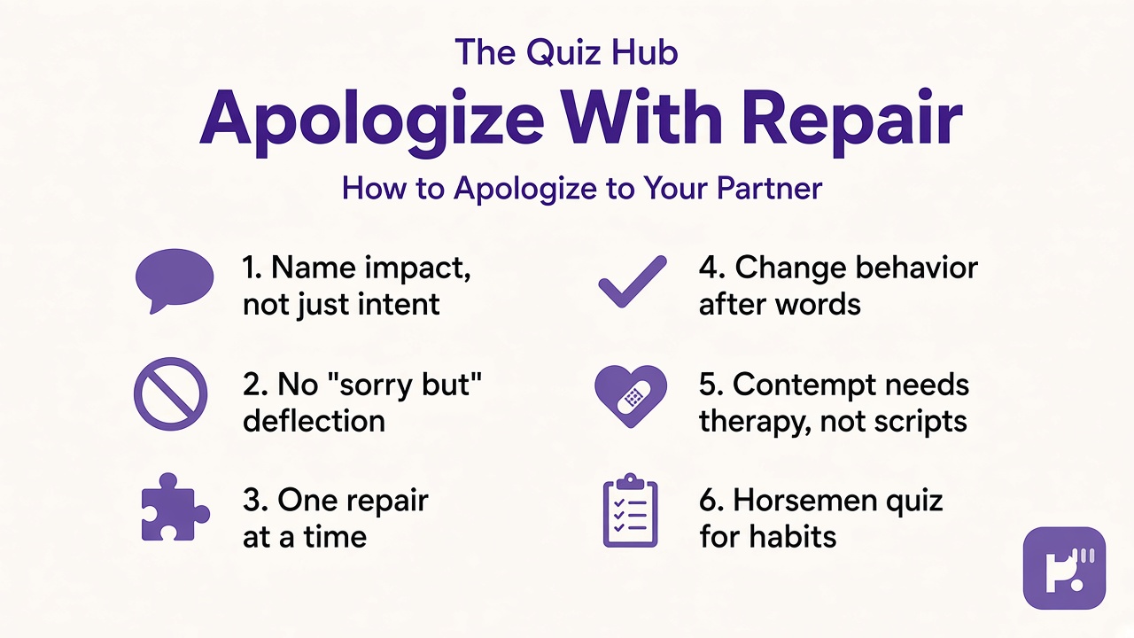 Tips: own impact not intent, one repair at a time, horsemen quiz, couples therapy