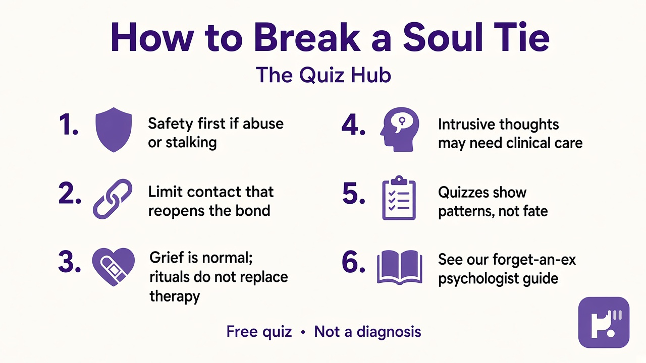 Soul tie break tips: safety if abused, limit contact, grief is normal, therapy for intrusive thoughts, quiz limits