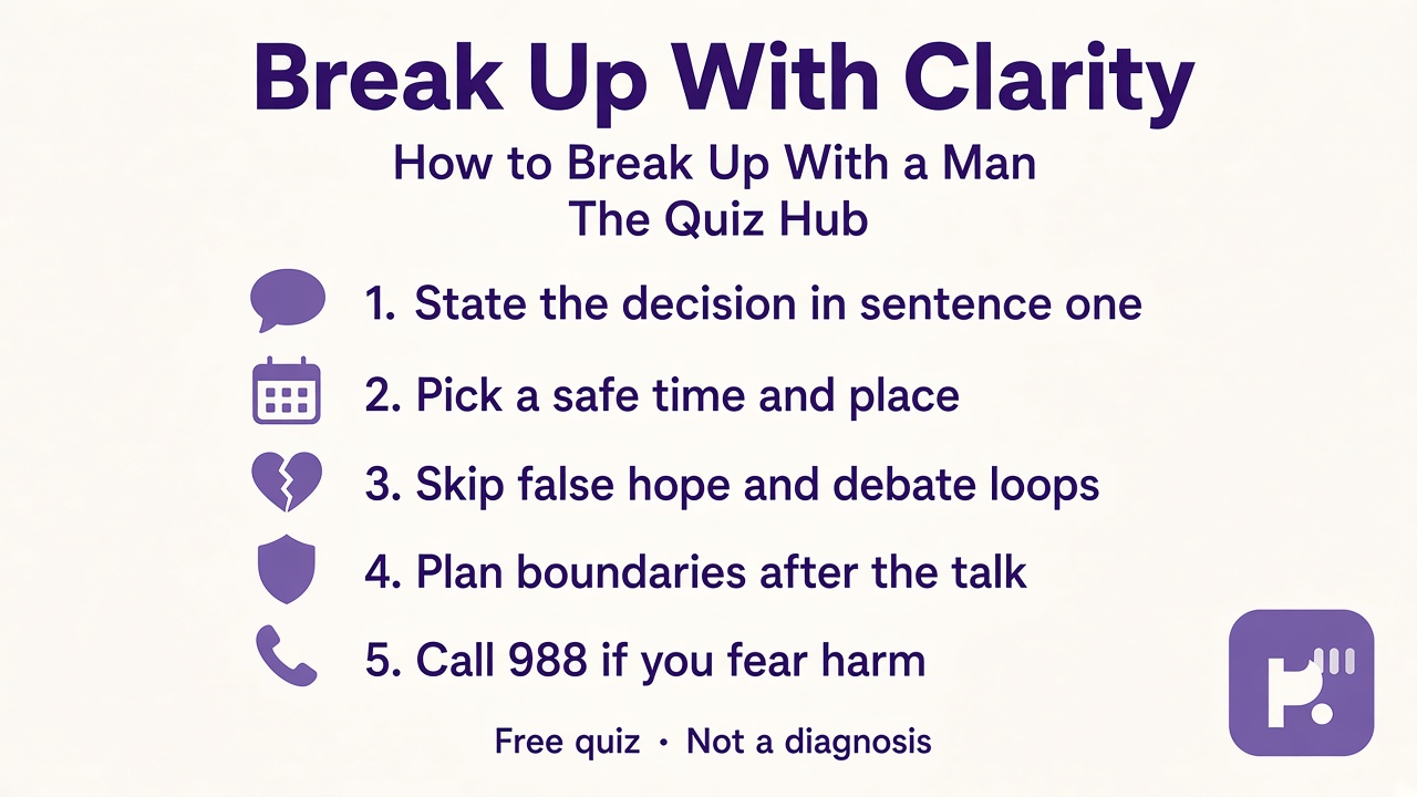 Five breakup tips: direct decision, safe setting, no false hope, post-breakup boundaries, 988 if harm feared