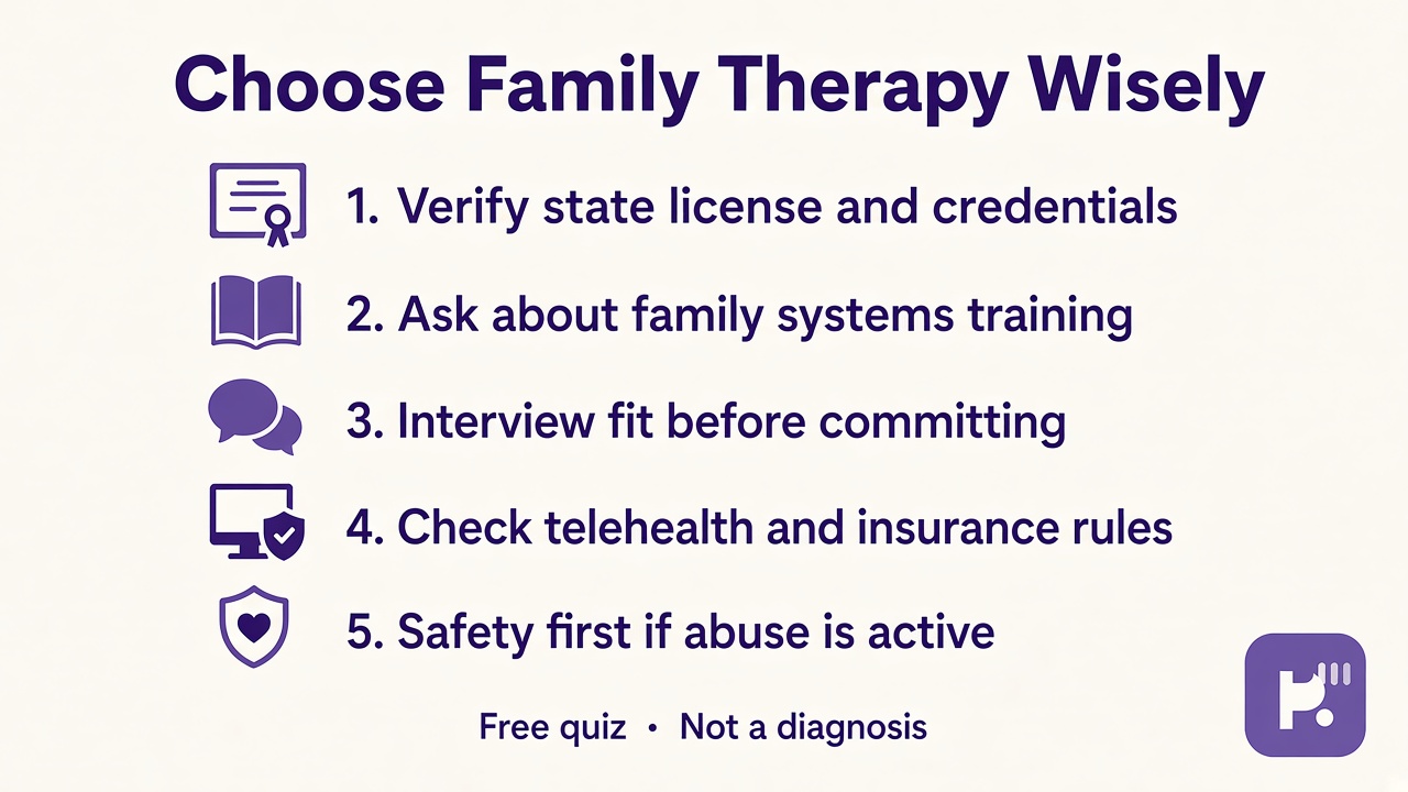 Five tips: verify license, family training, interview fit, insurance telehealth, safety if abuse active