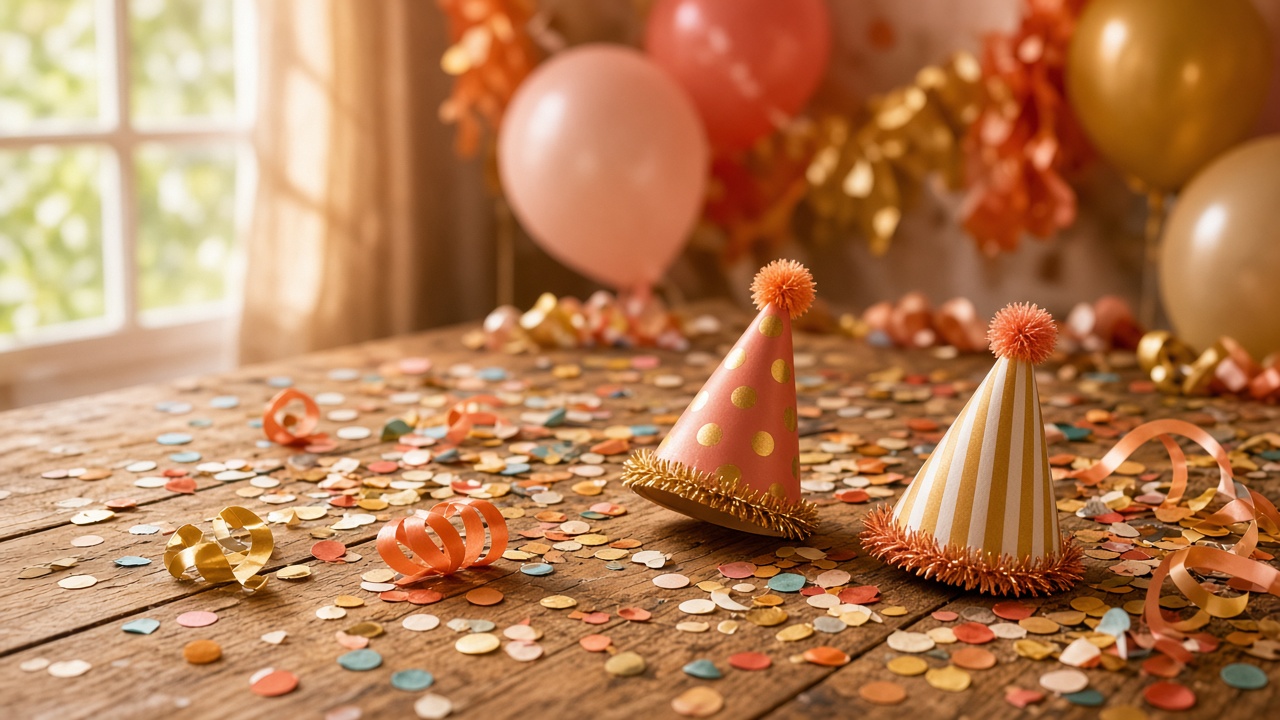 Colorful party decorations and confetti on a table