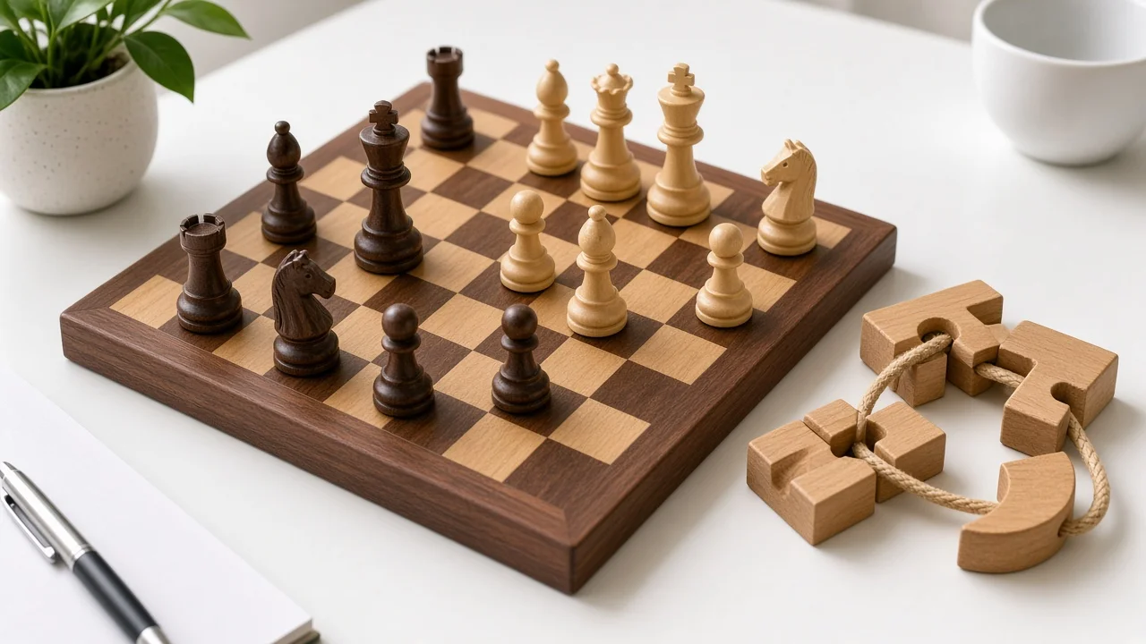 Chess board and puzzle pieces on a clean white desk