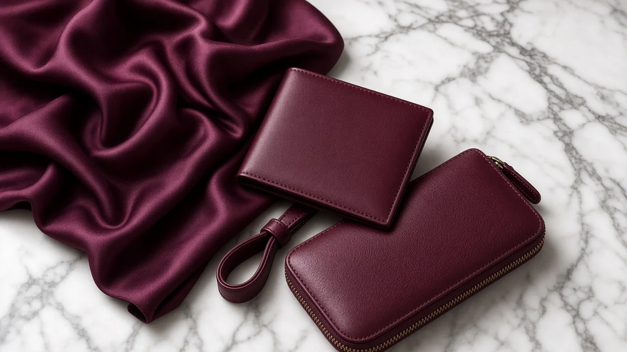 Elegant silk fabric and leather accessories on a marble surface