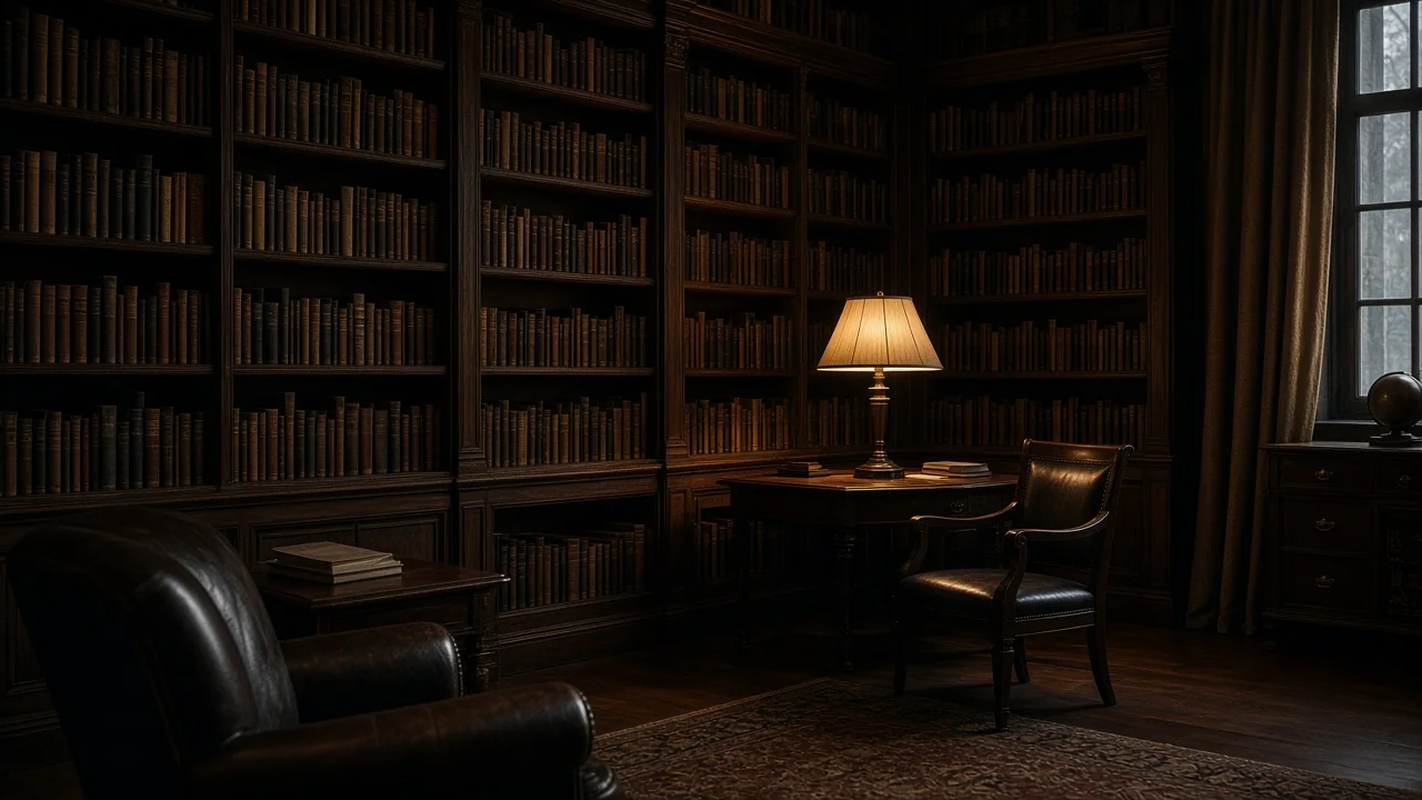 Moody library shelves with warm lamplight