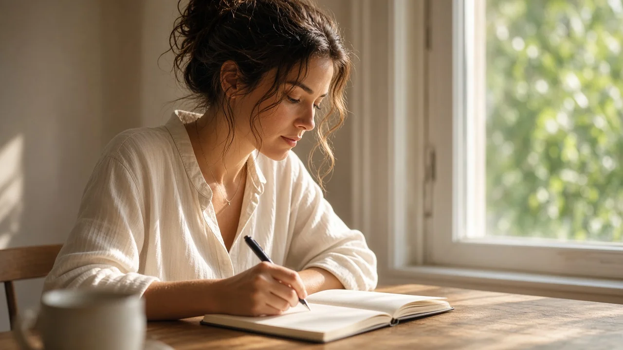 Person writing in a journal by a sunlit window