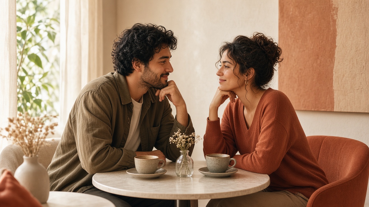 Two people talking over coffee at a cafe table