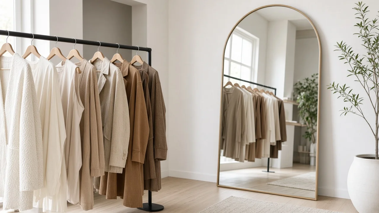 Clothing rack and mirror in a bright boutique
